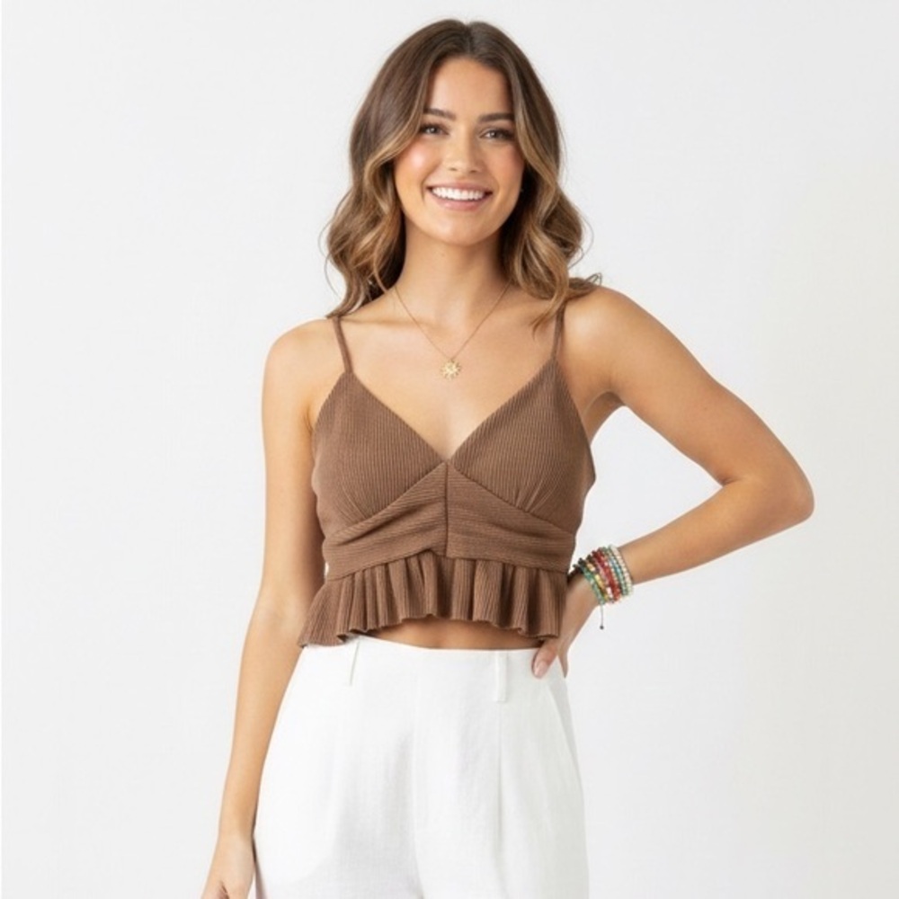 Urban Outfitters Brown Ribbed Peplum Crop Top Size Medium